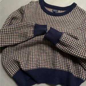 J. Crew Houndstooth Crewneck Sweater Blue Tan